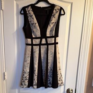 BCBGMaxAzria VAL Black & Cream Geometric Fit-and-Flare Dress